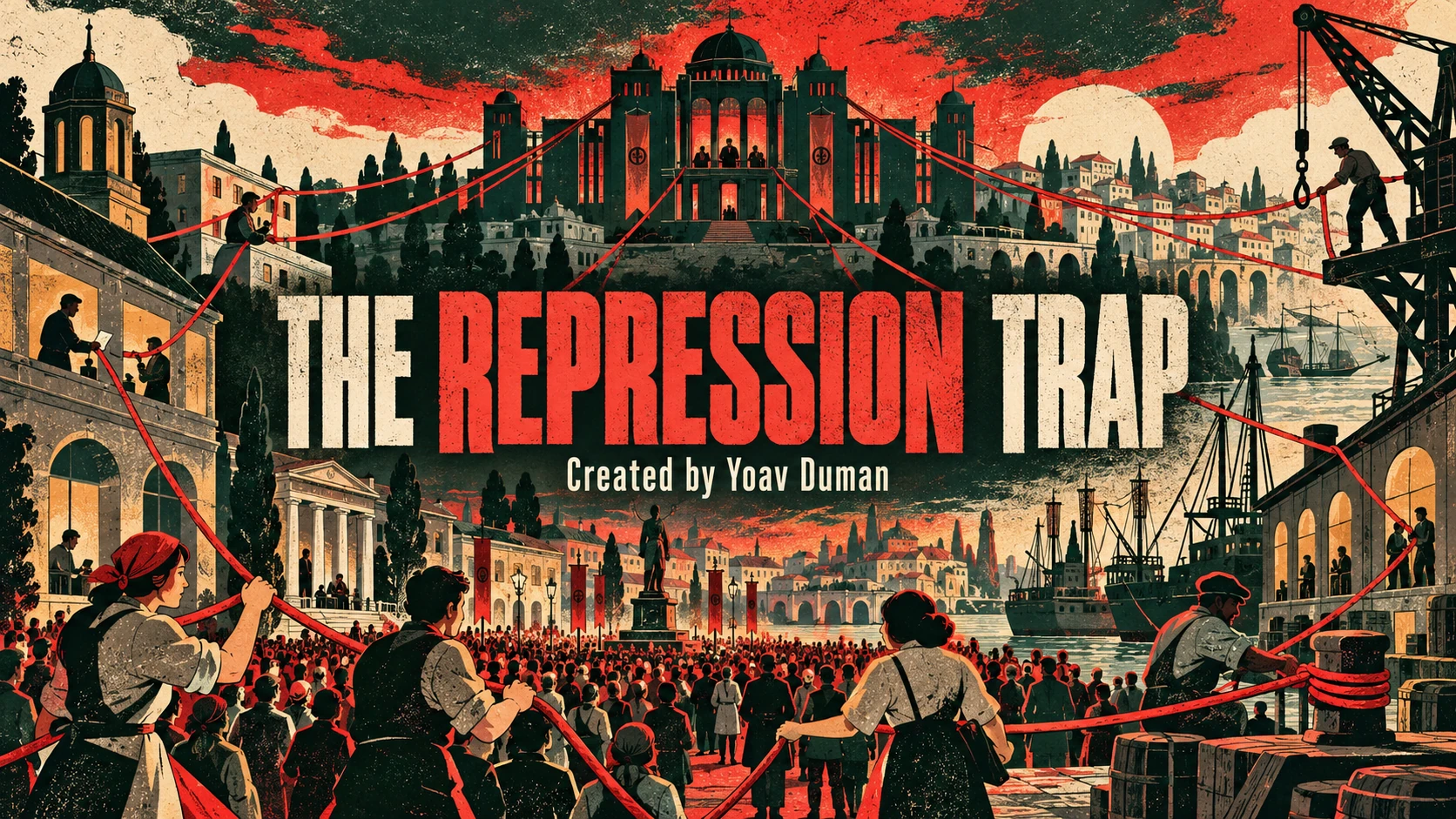 The Repression Trap. Created by Yoav Duman. A fictional harbor city, workers and a crowd connected to government institutions by red threads.